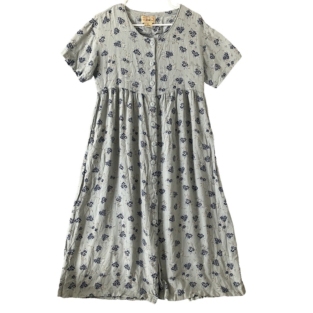 Vintage Sostanza Floral Dress Blue Fit Flare Size M Cottage Coastal Farmhouse